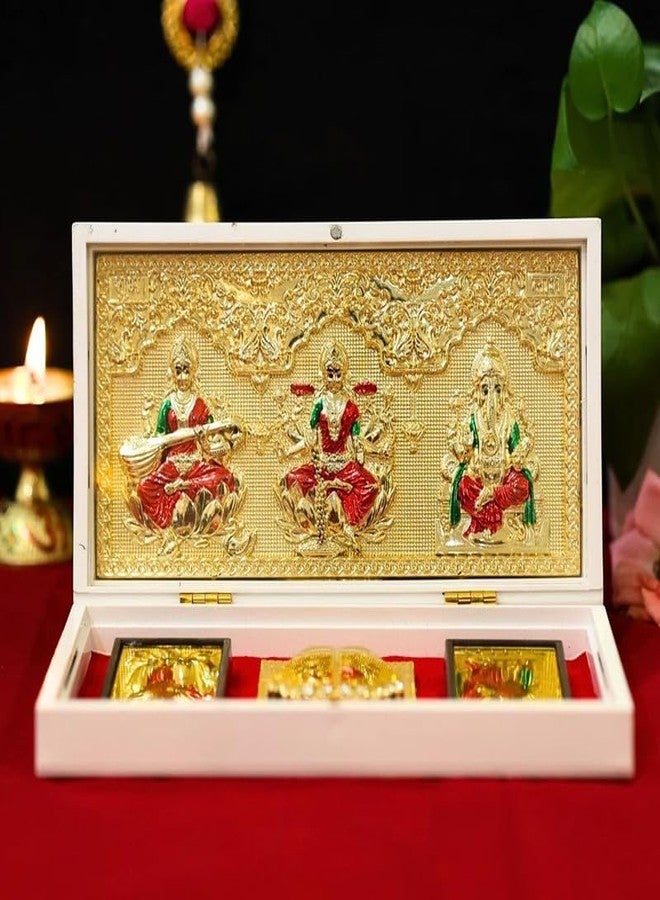 Divine Hindu Brass Laxmi, Ganesh & Saraswati Charan Paduka | Gold Finish | Holy Showpiece | Prosperity, Wisdom, Peace, Blessings | for Home,Temple & Office Use - Image 3